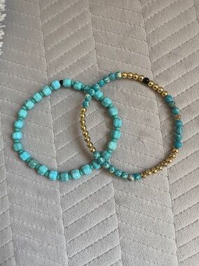 NWOT Turquoise Beaded Stretch Bracelet Duo with Gold Accents